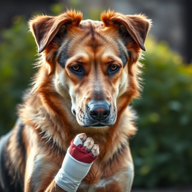 A dramatic and poignant image of a Croatian dog, a beautiful and strong breed, depicted in a poignant moment where it has a bandaged paw showing evidence of a wound and a gentle yet painful expression on its face