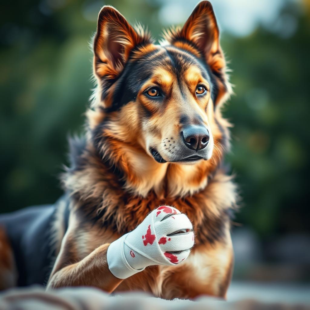A dramatic and poignant image of a Croatian dog, a beautiful and strong breed, depicted in a poignant moment where it has a bandaged paw showing evidence of a wound and a gentle yet painful expression on its face