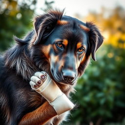 A dramatic and poignant image of a Croatian dog, a beautiful and strong breed, depicted in a poignant moment where it has a bandaged paw showing evidence of a wound and a gentle yet painful expression on its face