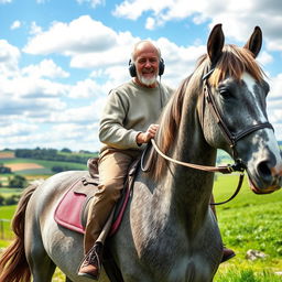 An elderly man riding a majestic grey horse, fully engaged in the music coming from his stylish headphones