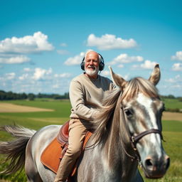 An elderly man riding a majestic grey horse, fully engaged in the music coming from his stylish headphones