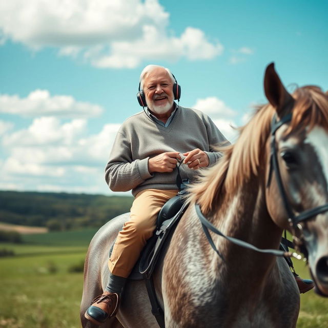 An elderly man riding a majestic grey horse, fully engaged in the music coming from his stylish headphones