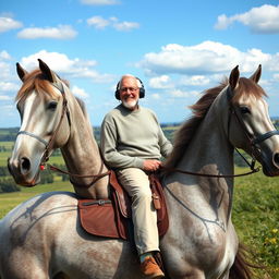 An elderly man riding a majestic grey horse, fully engaged in the music coming from his stylish headphones