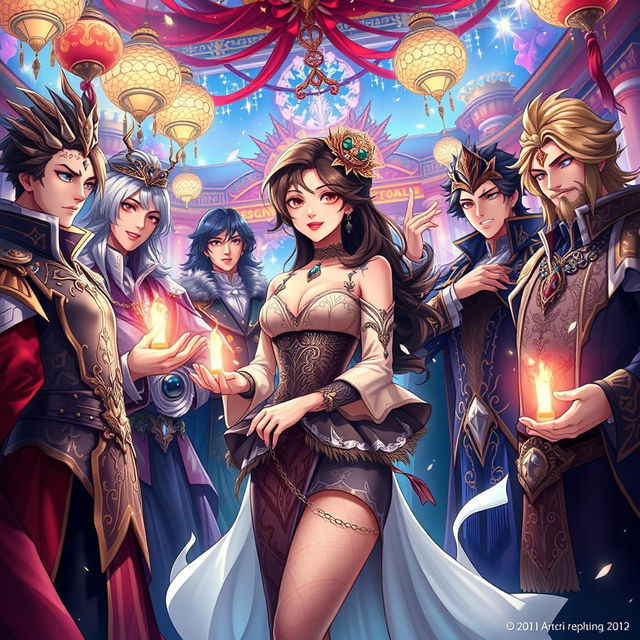 An intriguing cover illustration inspired by the theme 'Temptation of Seven', featuring a captivating young woman surrounded by a group of charismatic men, embodying passion and allure