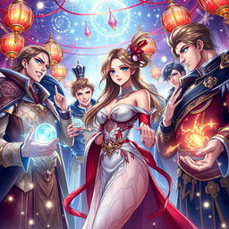 An intriguing cover illustration inspired by the theme 'Temptation of Seven', featuring a captivating young woman surrounded by a group of charismatic men, embodying passion and allure
