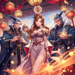 An intriguing cover illustration inspired by the theme 'Temptation of Seven', featuring a captivating young woman surrounded by a group of charismatic men, embodying passion and allure
