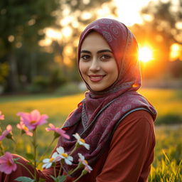 A beautiful young woman wearing a colorful hijab, with intricate patterns, sitting in a serene park setting