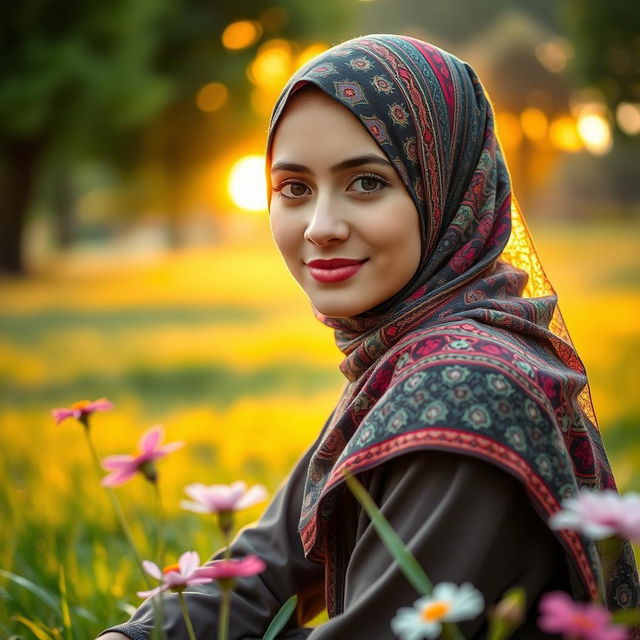 A beautiful young woman wearing a colorful hijab, with intricate patterns, sitting in a serene park setting