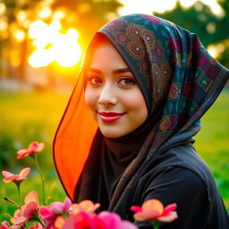 A beautiful young woman wearing a colorful hijab, with intricate patterns, sitting in a serene park setting
