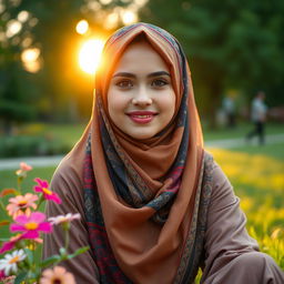 A beautiful young woman wearing a colorful hijab, with intricate patterns, sitting in a serene park setting