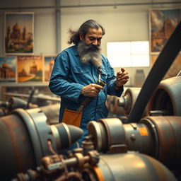 Ferdowsi, the Persian poet known for his epic poem Shahnameh, depicted as an airplane mechanic working on a vintage aircraft