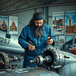 Ferdowsi, the Persian poet known for his epic poem Shahnameh, depicted as an airplane mechanic working on a vintage aircraft
