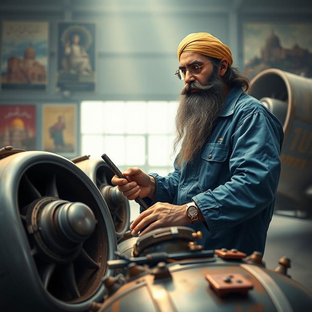 Ferdowsi, the Persian poet known for his epic poem Shahnameh, depicted as an airplane mechanic working on a vintage aircraft