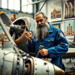 Ferdowsi, the Persian poet known for his epic poem Shahnameh, depicted as an airplane mechanic working on a vintage aircraft