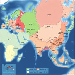 An alternate history world map depicting a scenario in which Germany and Japan emerged victorious in World War II