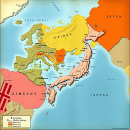 An alternate history world map depicting a scenario in which Germany and Japan emerged victorious in World War II