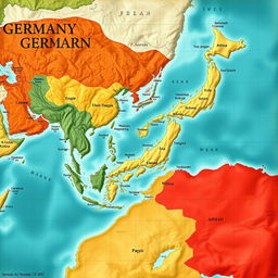 An alternate history world map depicting a scenario in which Germany and Japan emerged victorious in World War II