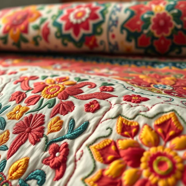 A stunning close-up of a traditional Bangladeshi nokshi katha quilt, highlighting its intricate embroidery and vibrant patterns