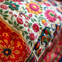 A stunning close-up of a traditional Bangladeshi nokshi katha quilt, highlighting its intricate embroidery and vibrant patterns