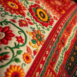 A stunning close-up of a traditional Bangladeshi nokshi katha quilt, highlighting its intricate embroidery and vibrant patterns