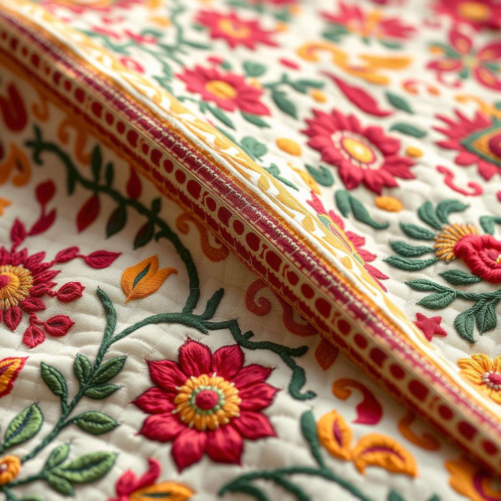 A stunning close-up of a traditional Bangladeshi nokshi katha quilt, highlighting its intricate embroidery and vibrant patterns