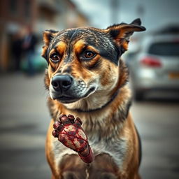 A dramatic scene depicting a Croatian dog, portrayed as a brave and resilient creature, with a wound on its paw and facial injuries, conveying a sense of struggle yet strength