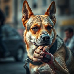 A dramatic scene depicting a Croatian dog, portrayed as a brave and resilient creature, with a wound on its paw and facial injuries, conveying a sense of struggle yet strength