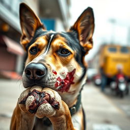 A dramatic scene depicting a Croatian dog, portrayed as a brave and resilient creature, with a wound on its paw and facial injuries, conveying a sense of struggle yet strength