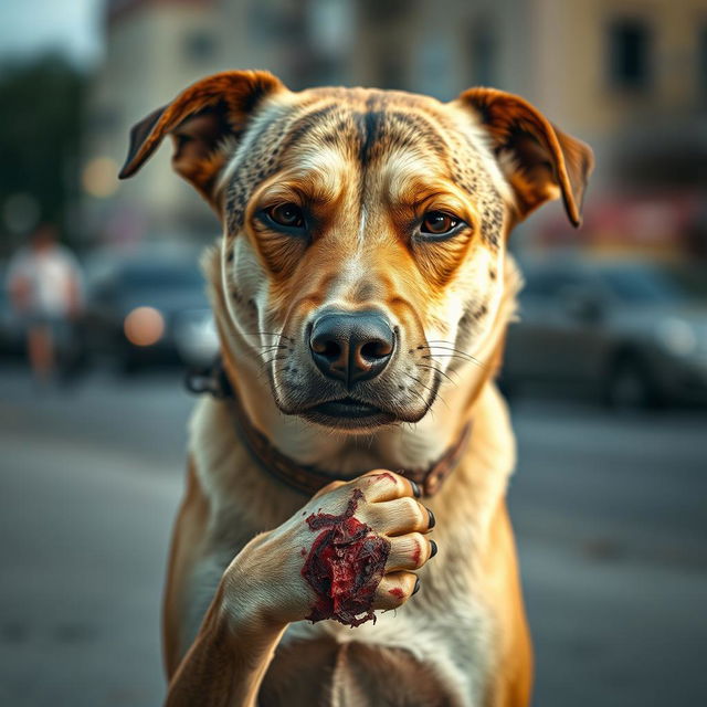 A dramatic scene depicting a Croatian dog, portrayed as a brave and resilient creature, with a wound on its paw and facial injuries, conveying a sense of struggle yet strength