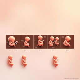 A beautifully detailed and scientific illustration of the human fetal period, showcasing the development stages of a fetus from conception to birth