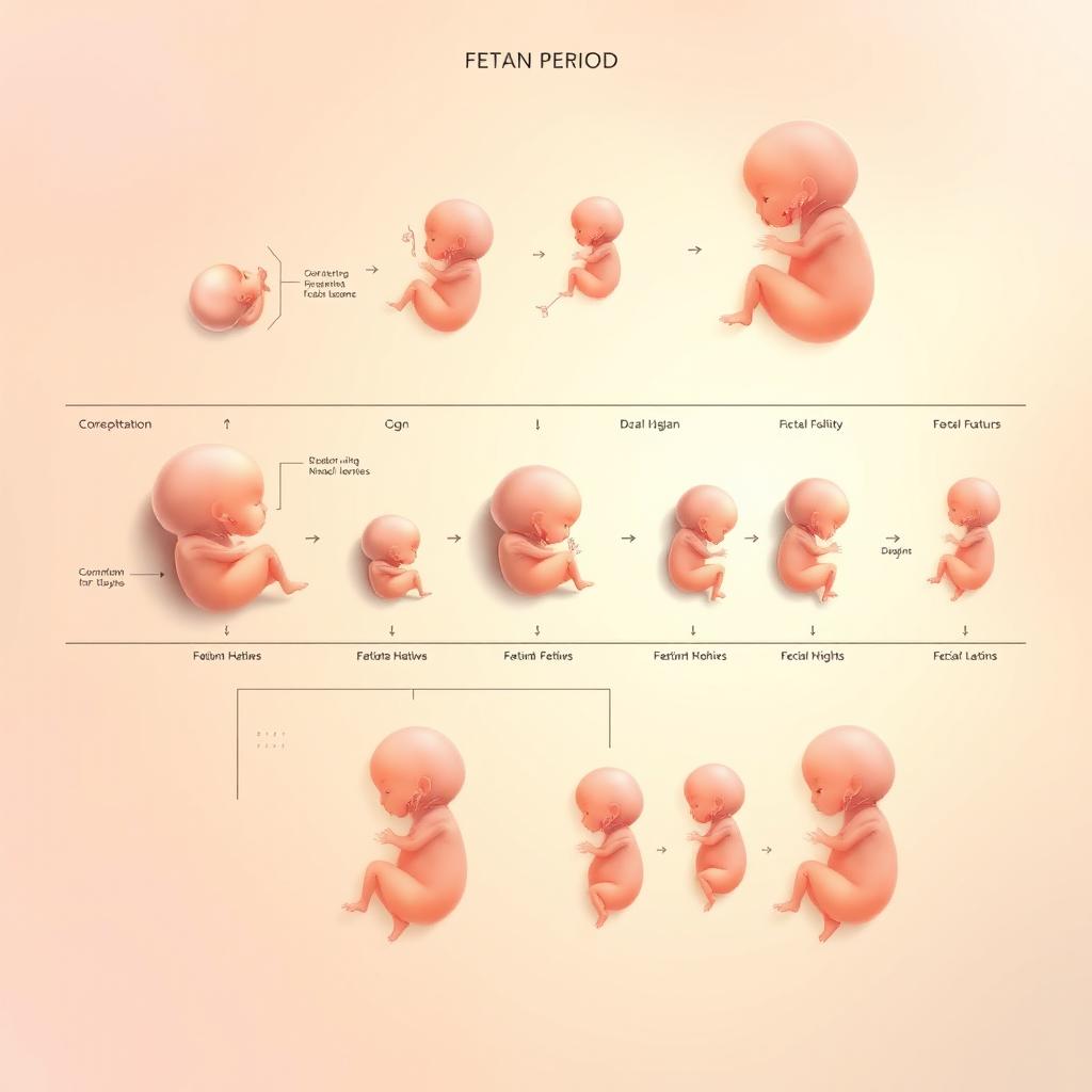 A beautifully detailed and scientific illustration of the human fetal period, showcasing the development stages of a fetus from conception to birth