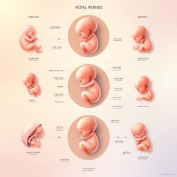 A beautifully detailed and scientific illustration of the human fetal period, showcasing the development stages of a fetus from conception to birth