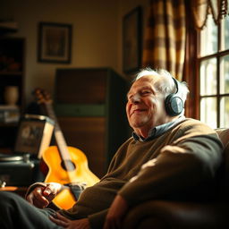 An elderly man enjoying music, immersed in a moment of peace and tranquility