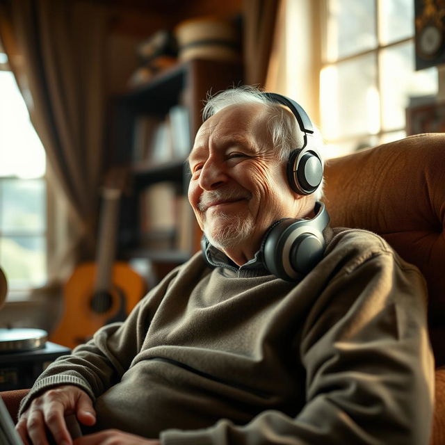 An elderly man enjoying music, immersed in a moment of peace and tranquility