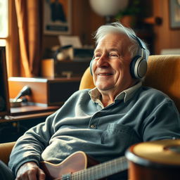 An elderly man enjoying music, immersed in a moment of peace and tranquility