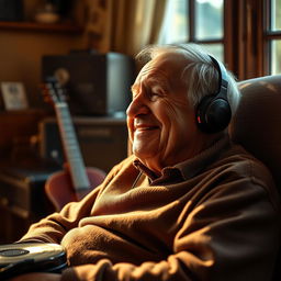 An elderly man enjoying music, immersed in a moment of peace and tranquility