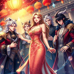 An enchanting cover illustration inspired by 'Temptation of Seven', featuring a captivating young woman elegantly surrounded by a group of dashing men, each embodying charisma and allure