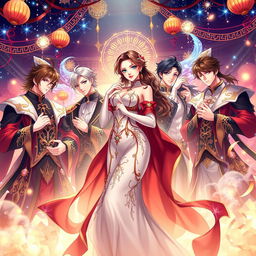 An enchanting cover illustration inspired by 'Temptation of Seven', featuring a captivating young woman elegantly surrounded by a group of dashing men, each embodying charisma and allure
