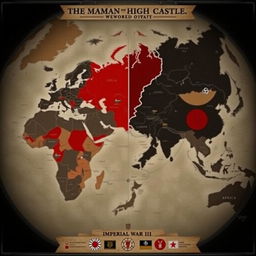 A world map depicting a scenario where Germany and Japan won World War II, inspired by the visual themes from the series 'The Man in the High Castle'