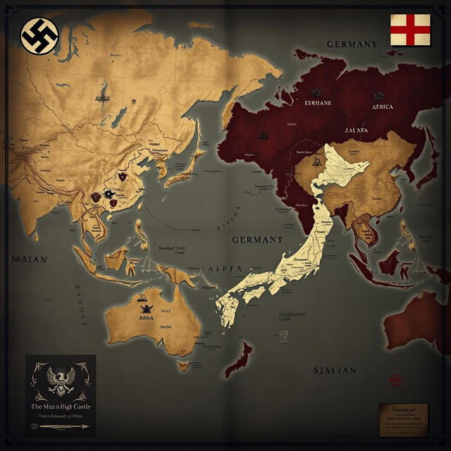 A world map depicting a scenario where Germany and Japan won World War II, inspired by the visual themes from the series 'The Man in the High Castle'