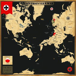 A world map depicting a scenario where Germany and Japan won World War II, inspired by the visual themes from the series 'The Man in the High Castle'
