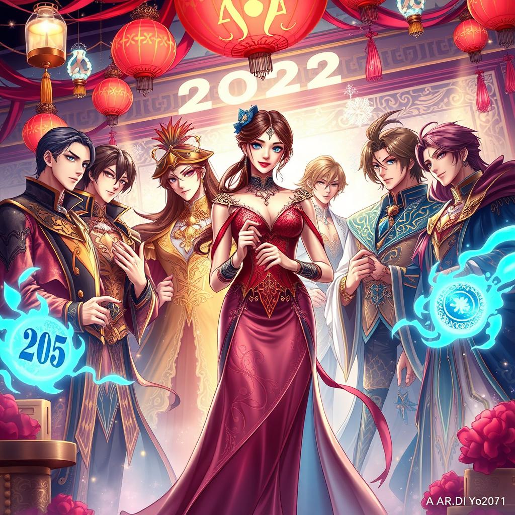 An enchanting cover illustration inspired by 'Temptation of Seven', featuring a captivating young woman elegantly surrounded by a group of dashing men, each embodying charisma and allure