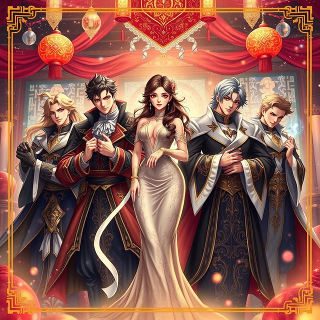 An enchanting cover illustration inspired by 'Temptation of Seven', featuring a captivating young woman elegantly surrounded by a group of dashing men, each embodying charisma and allure