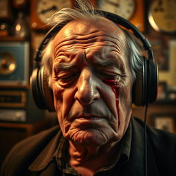 An elderly man with a deeply wrinkled face, wearing stylish headphones, is lost in music