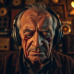 An elderly man with a deeply wrinkled face, wearing stylish headphones, is lost in music