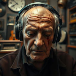 An elderly man with a deeply wrinkled face, wearing stylish headphones, is lost in music