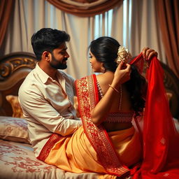 A romantic scene depicting a beautiful 26-year-old Odia woman in the process of removing a stunning red Indian bridal saree from her shoulder