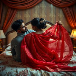 A romantic scene depicting a beautiful 26-year-old Odia woman in the process of removing a stunning red Indian bridal saree from her shoulder