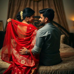A romantic scene depicting a beautiful 26-year-old Odia woman in the process of removing a stunning red Indian bridal saree from her shoulder