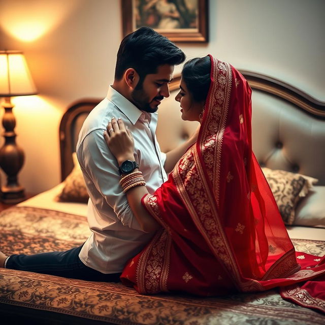 A romantic scene depicting a beautiful 26-year-old Odia woman in the process of removing a stunning red Indian bridal saree from her shoulder